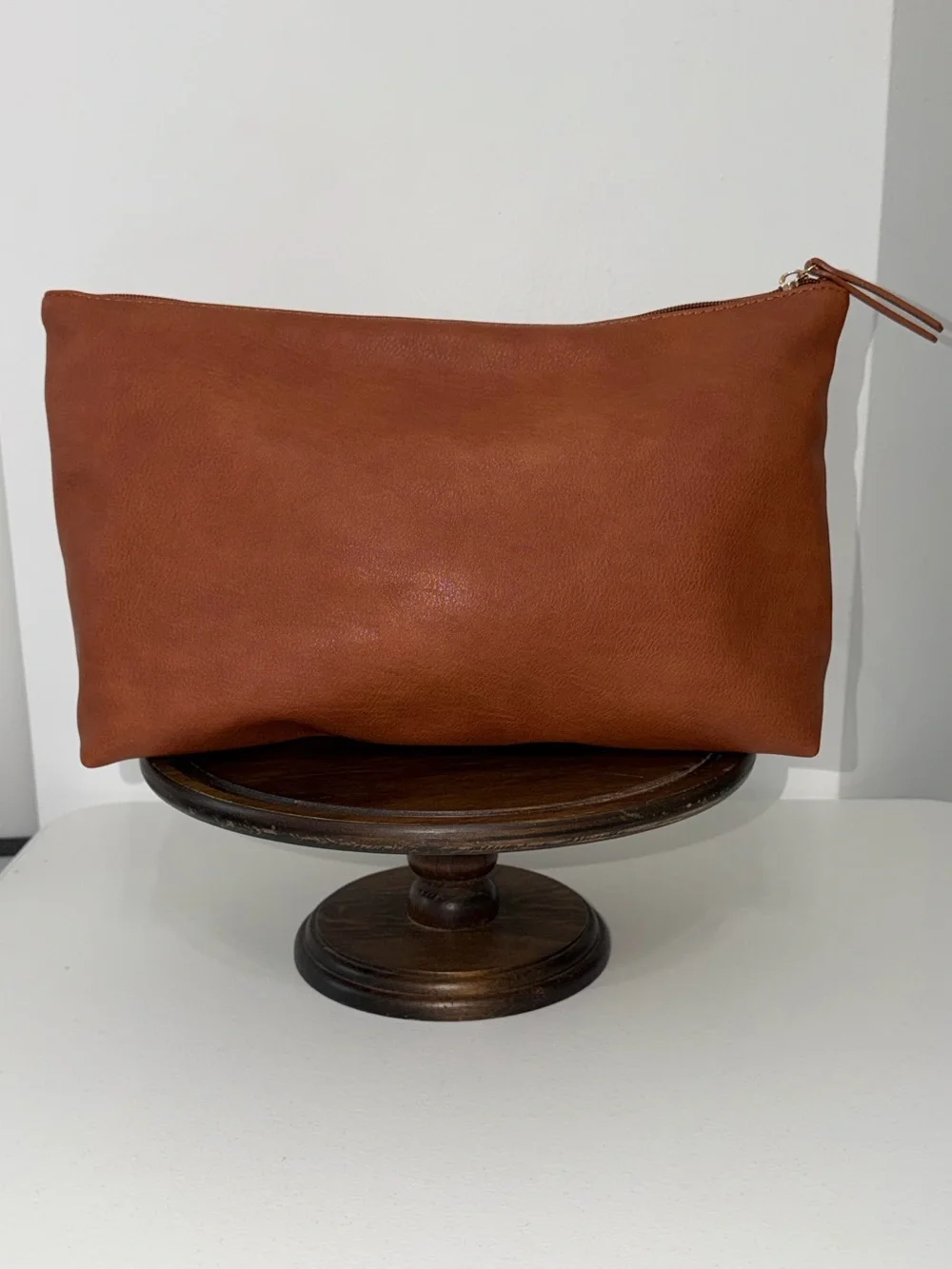 Sasha + Sofi Cognac Brown Faux Leather Pouch Clutch Zip Bag Speckled Lining
